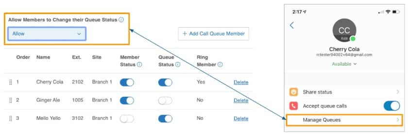 Agents Queue Status options in RingCentral dashboard