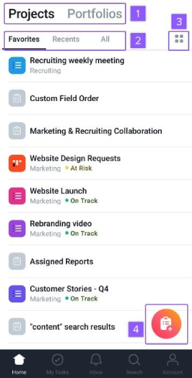 Tracking projects in a list view using Asana mobile.