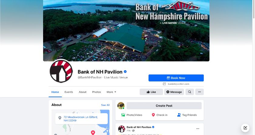 Showing the Bank of NH Pavilion Facebook page.