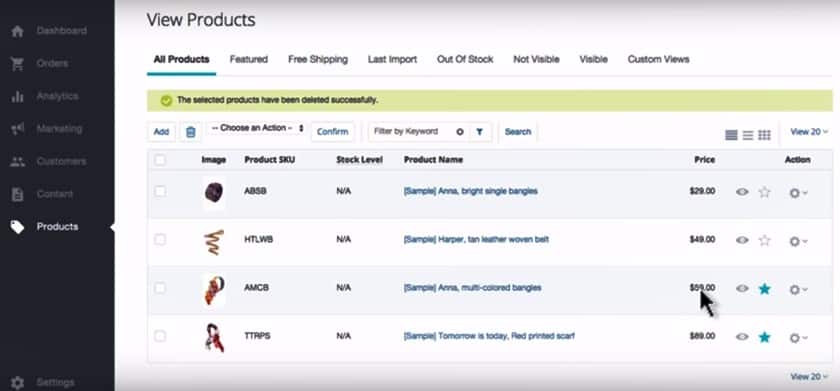 Screenshot of BigCommerce product dashboard