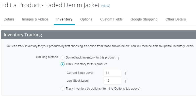 Screenshot of BigCommerce set up inventory tracking