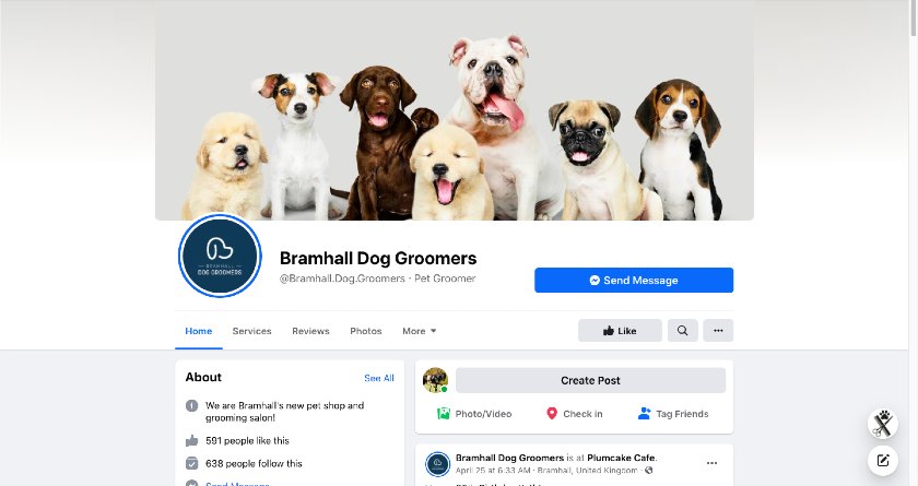 Showing the Bramhall Dog Groomers Facebook page.