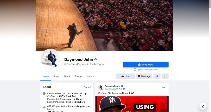 Showing the Daymond John Facebook page.