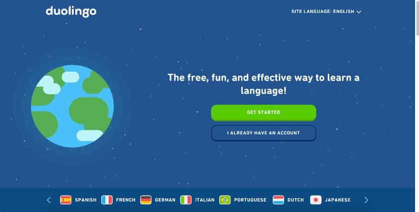 Duolingo uses a splash page to help visitors quickly find the right language tools