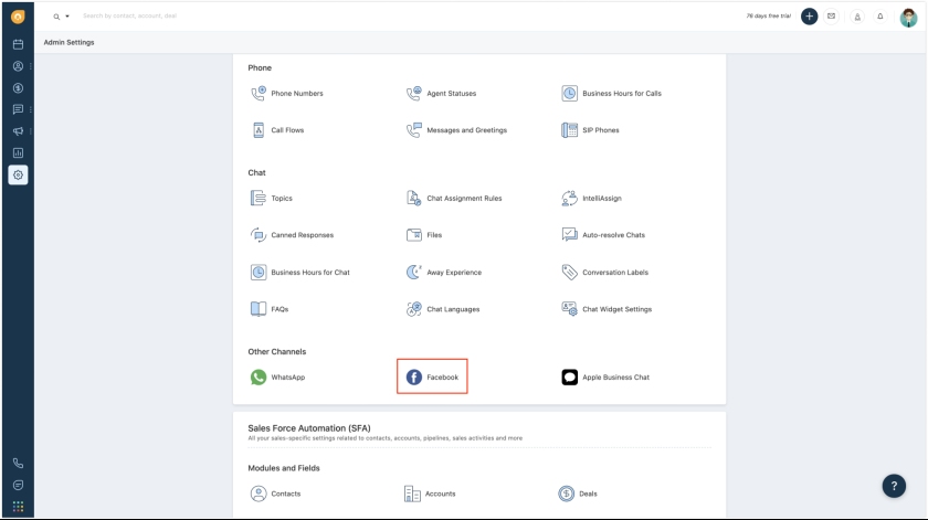 Facebook channel in the Freshsales admin settings