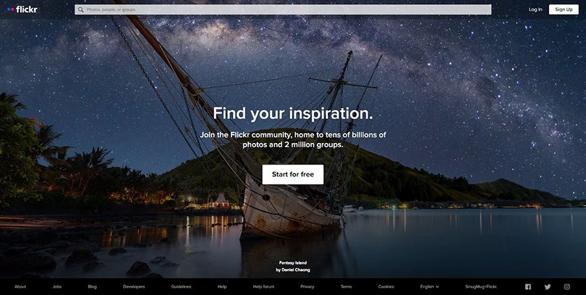 Flickr landing page with search box.