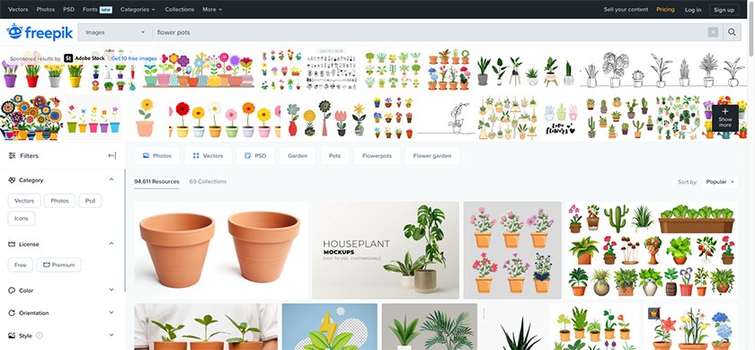 Freepik search results for flower pots graphics.
