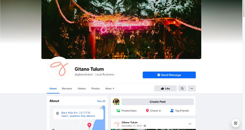 Showing the Gitano Tulum Facebook page.