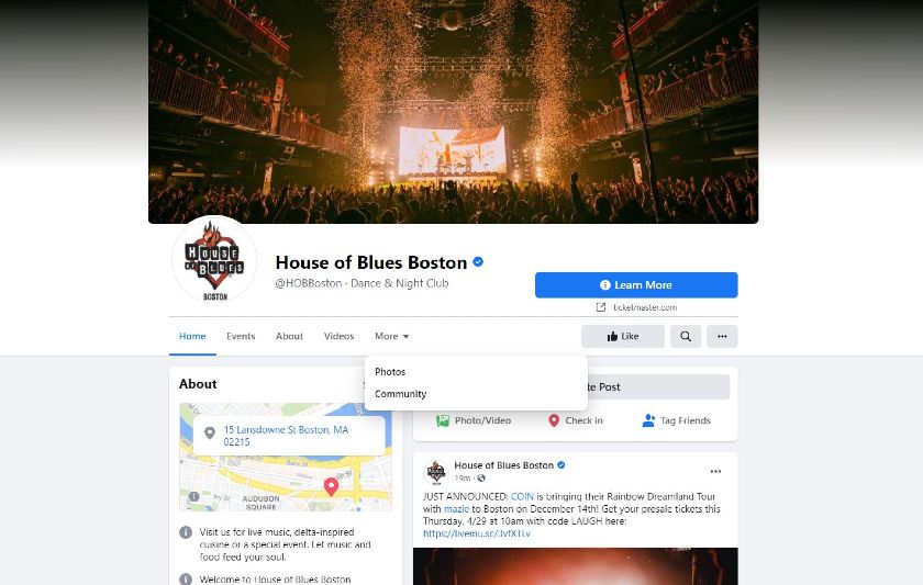 Showing the House of Blues Boston Facebook page.