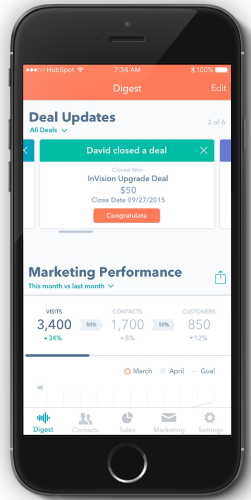 Tracking deals and marketing performance in HubSpot mobile.