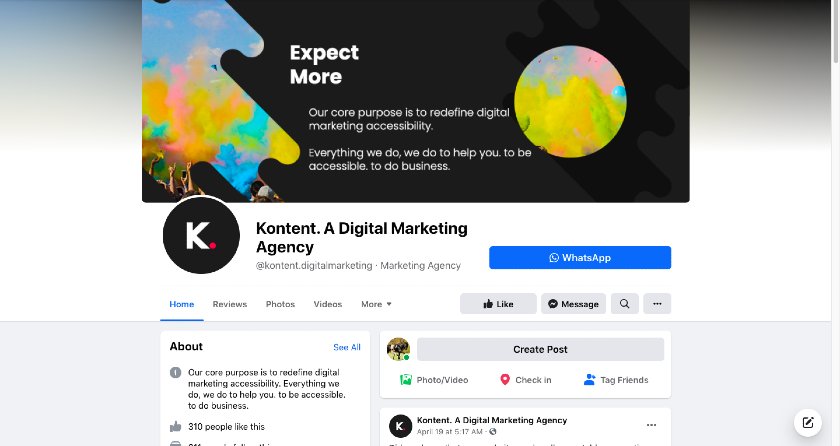 Showing the Kontent Facebook page.