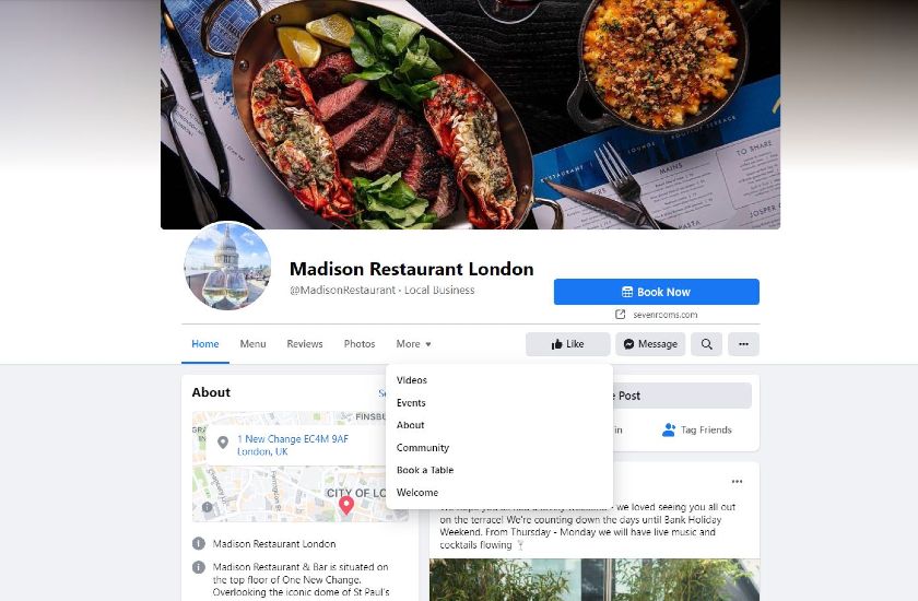 Showing the Madison Restaurant London Facebook page.