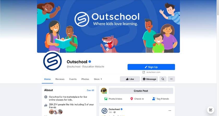 Showing OutSchool Facebook page.