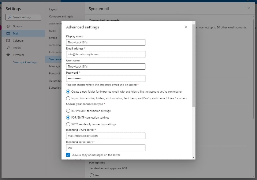 Outlook email account advanced settings