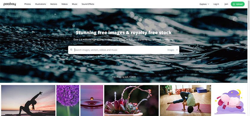 Pixabay landing page with search box.