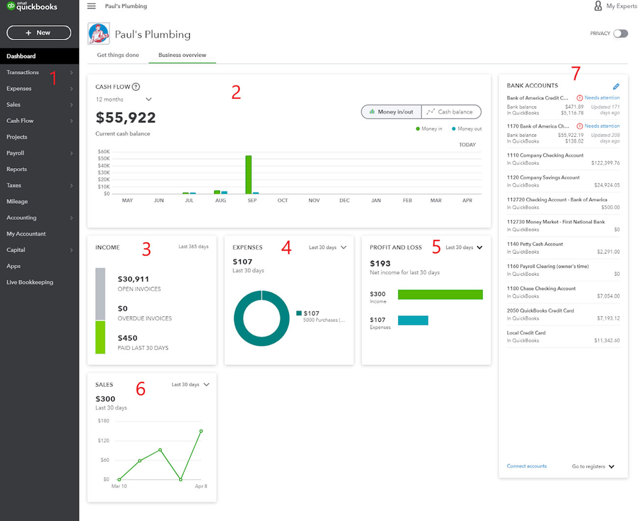 QuickBooks Online dashboard with graph and chart for expenses and sales.