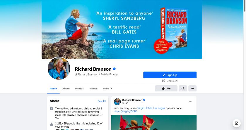 Showing the Richard Branson Facebook page.