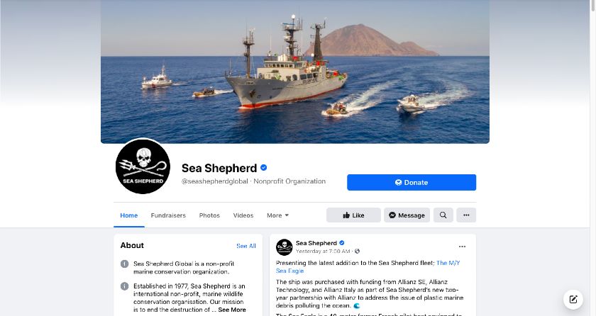 Showing the Sea Shepherd Facebook page.