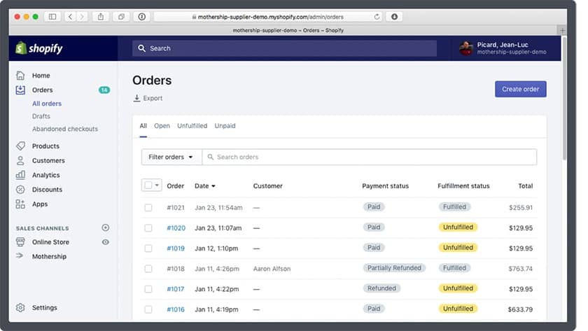 Screenshot of Shopify store order dashboard