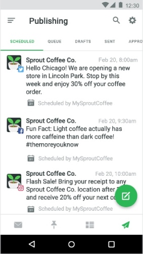 Publishing social content from the mobile app using Sprout Social.