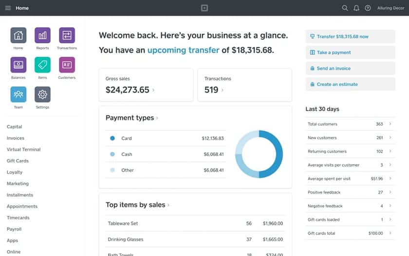 Square Online admin dashboard with summary of your sales, transactions, and payment charts.