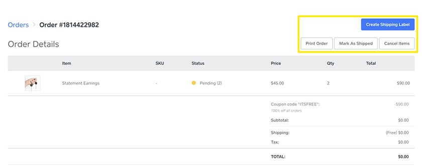 Screenshot of Square Online sample order page, with create shipping label option.