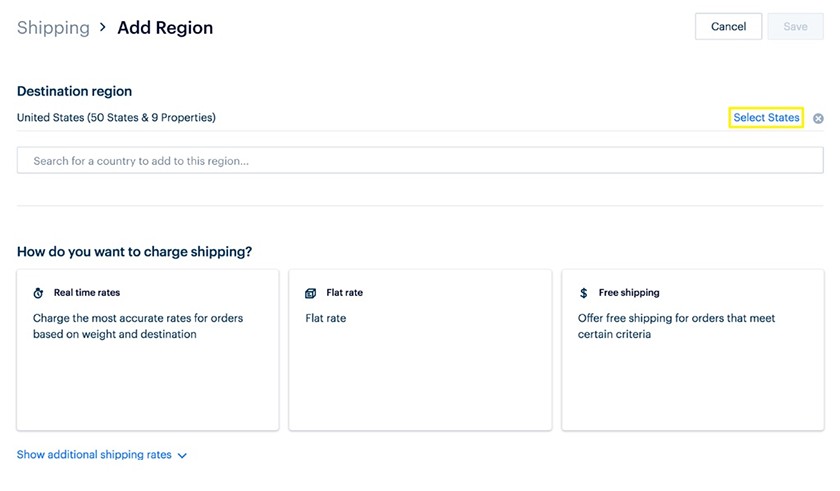Screenshot of Square Online adding region page where you can add destination region.