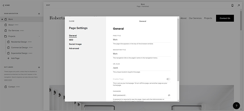 Squarespace page settings