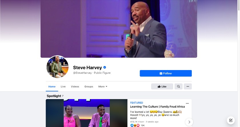 Showing the Steve Harvey Facebook page.