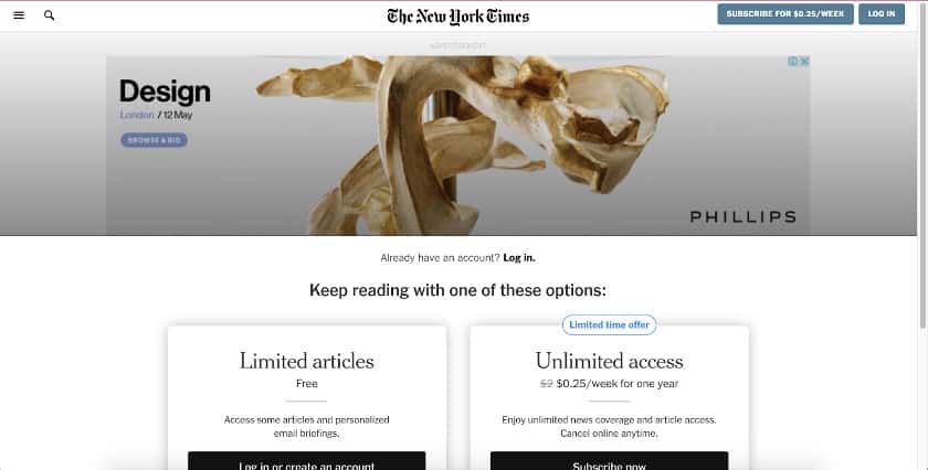 The New York Times use a splash page to gate content