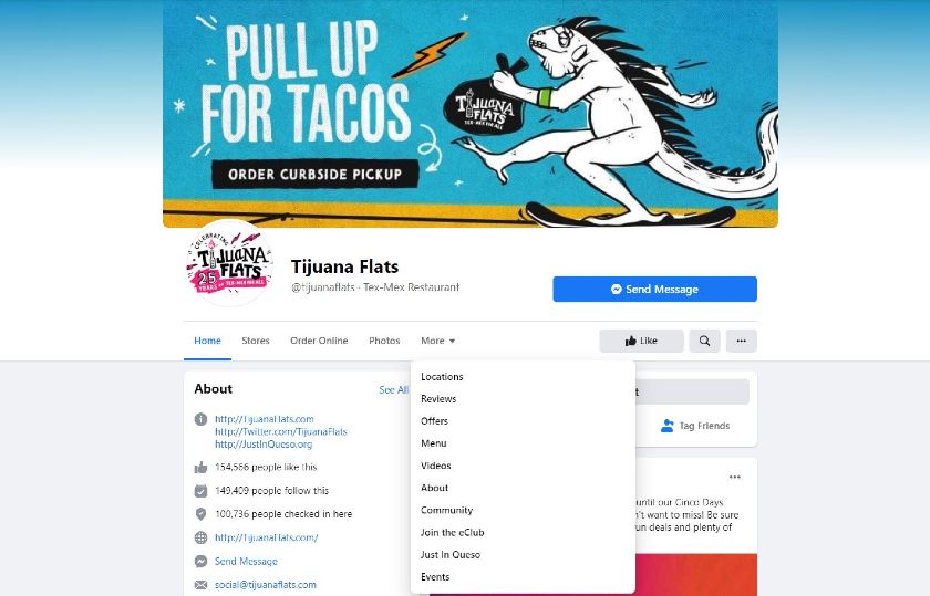 Showing the Tijuana Flats Facebook page.