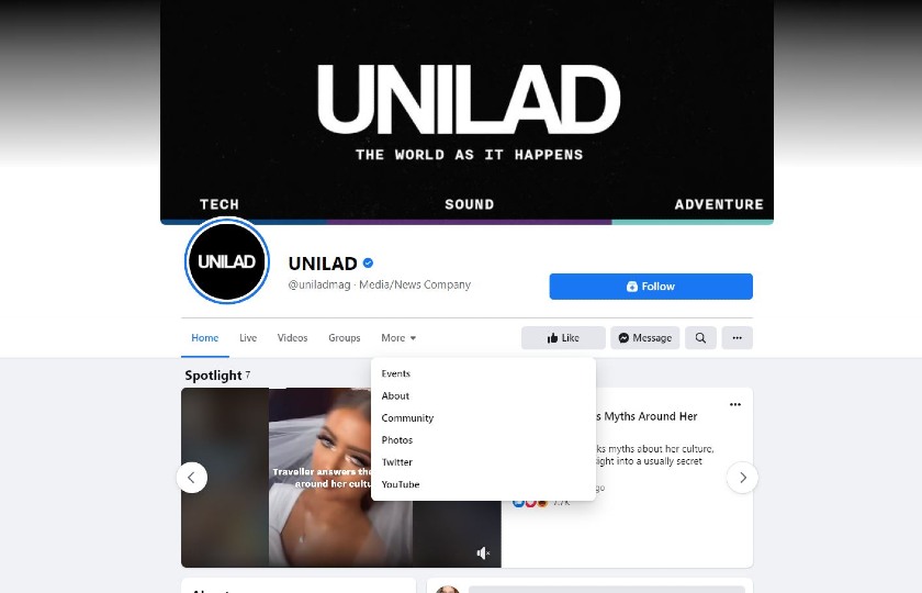 Showing the UNILAD Facebook page.