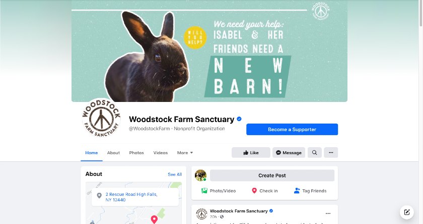 Showing the Woodstock Farm Sanctuary Facebook page.