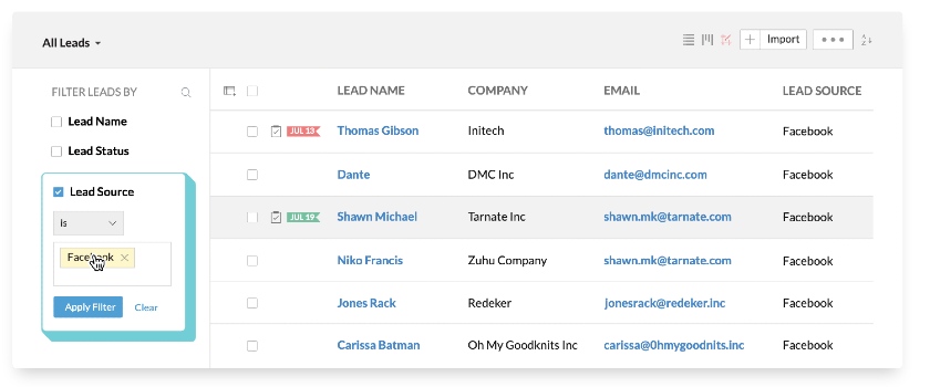 Zoho CRM leads filter