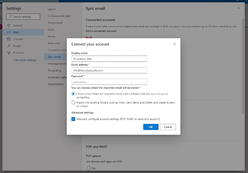 bluehost outlook settings imap