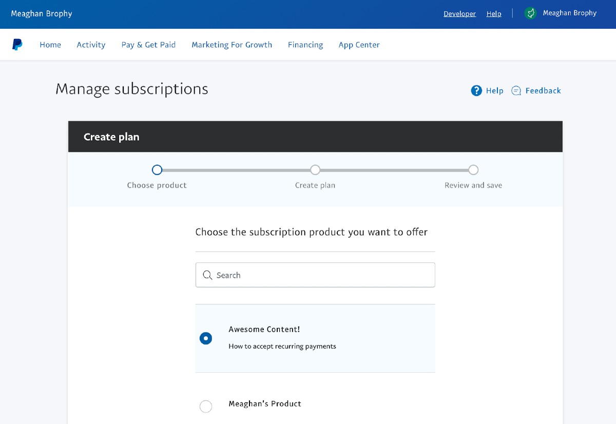 Screenshot of Choosing Subscriptions on PayPal