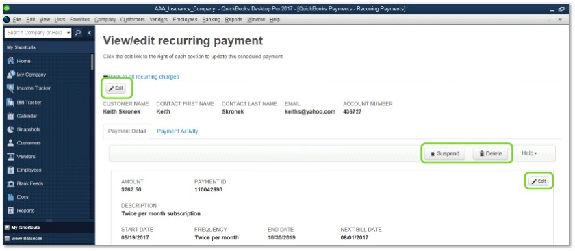 Screenshot of Editing Recurring Payment on QuickBooks