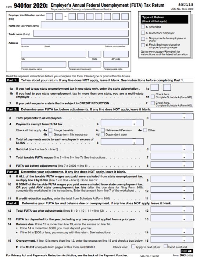 Screenshot of Form 940 2020 Page 1