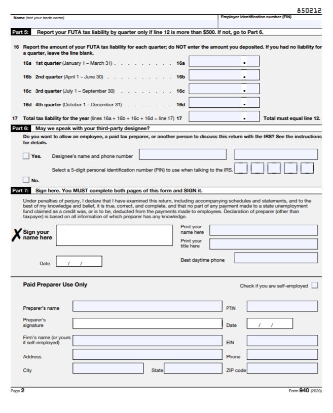 Screenshot of Form 940 2020 Page 2