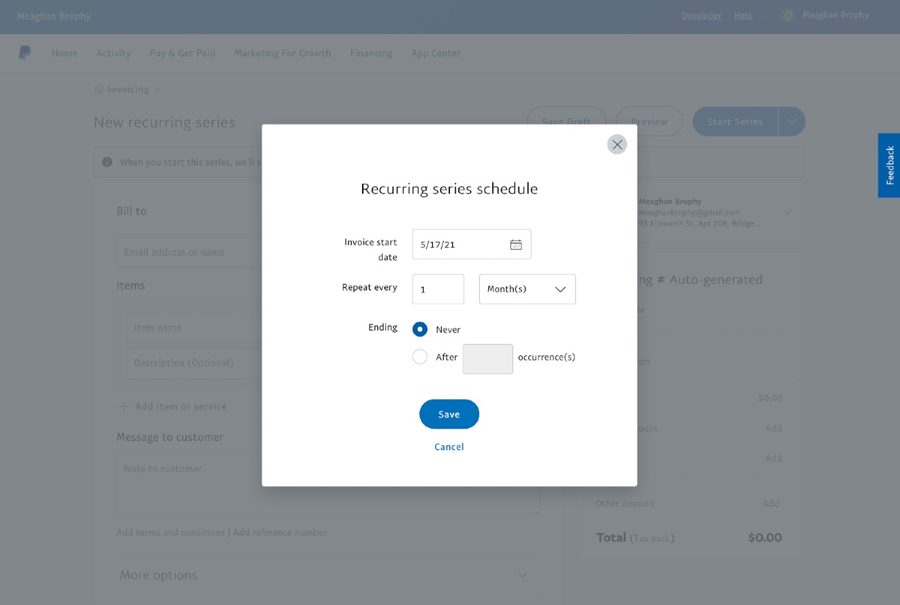 PayPal recurring series schedule.