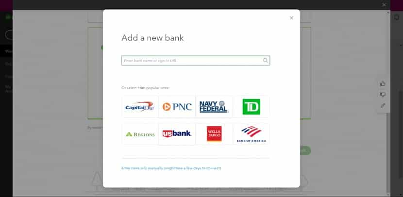 Screenshot of QuickBooks Add New Bank