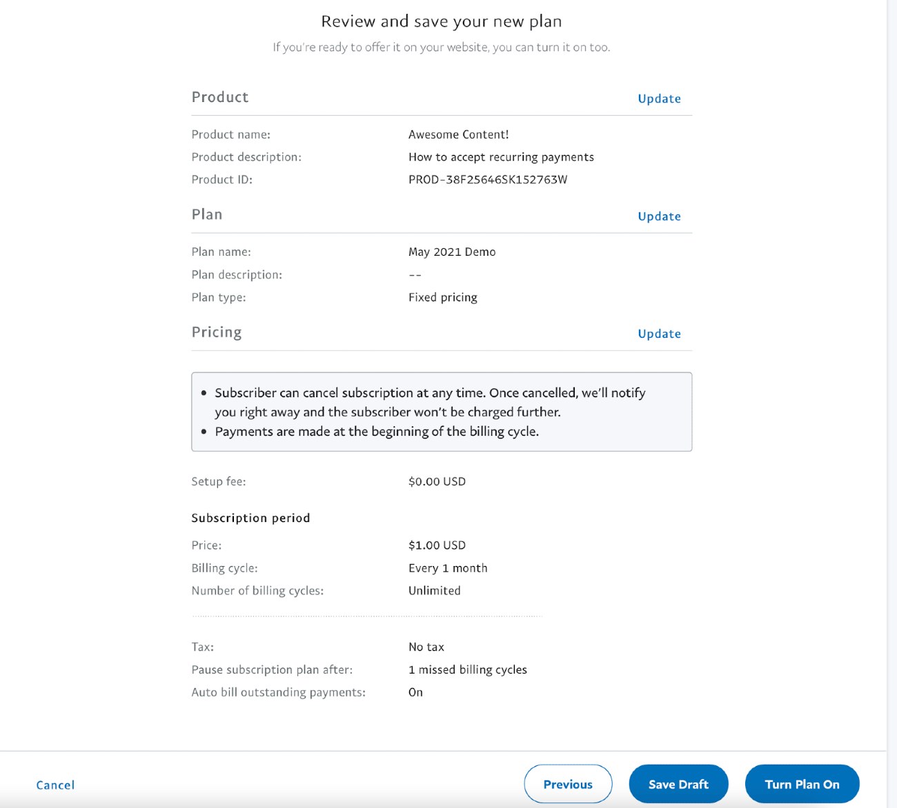Screenshot of Reviewing Plan on PayPal