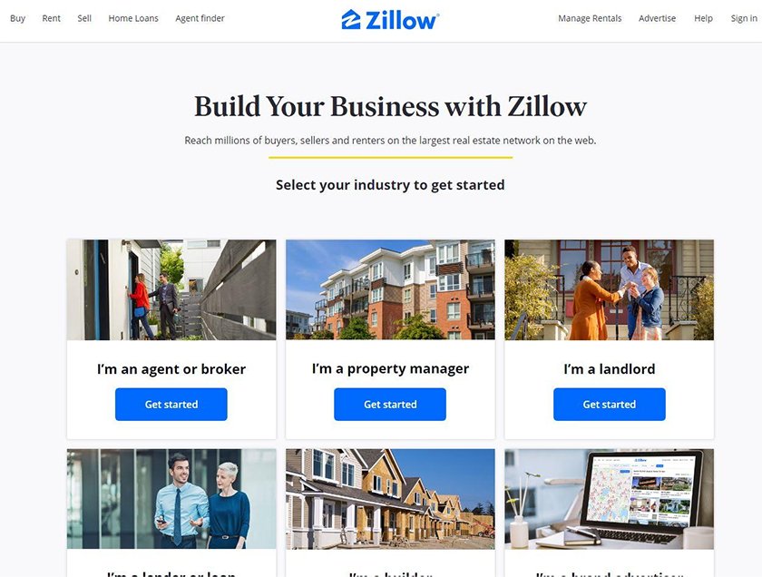 Home page of the Zillow website.