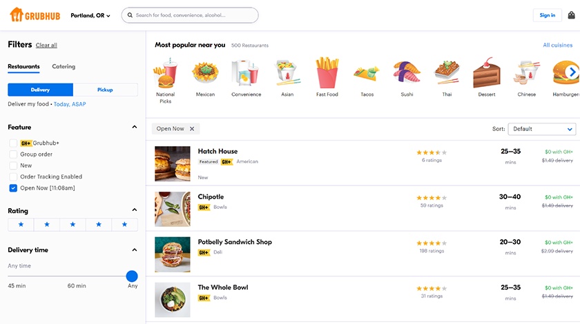 Sample restaurants listings on the GrubHub website.
