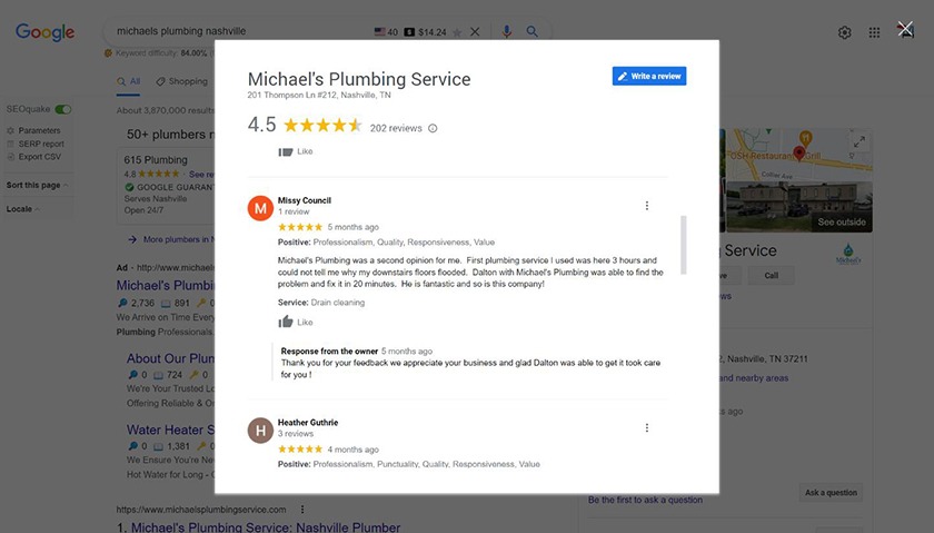 An example of local business with positive review on Google.