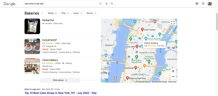 Google Business Profiles of bakeries showing up in the top results on Google Maps.