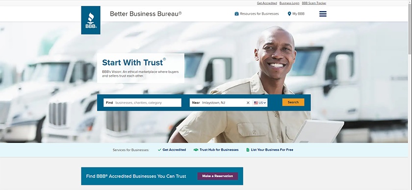 Home page of the Better Business Bureau website.