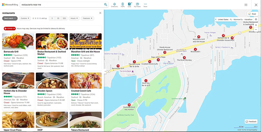 Bing Maps and local businesses search result