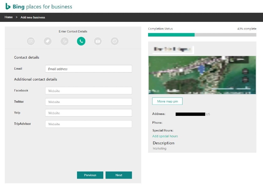 Bing New Business Contact Details form
