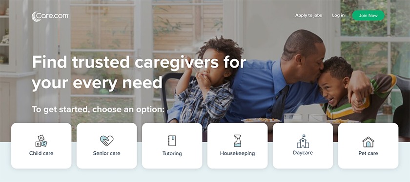 Home page of the Care.com website.